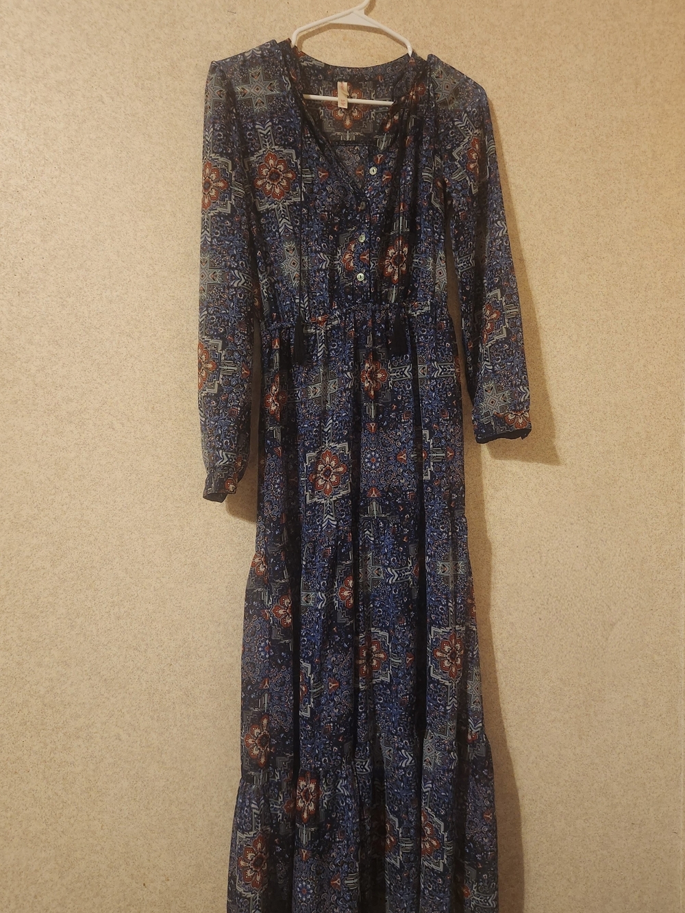 Xhilaration Navy Blue Floral Print Long Sleeve Maxi Dress